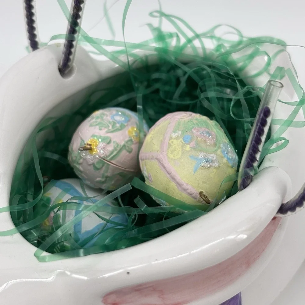 Ceramic‎ Easter Bunny Basket w/ Egg  Handle And Eggs Hand Painted And Glazed